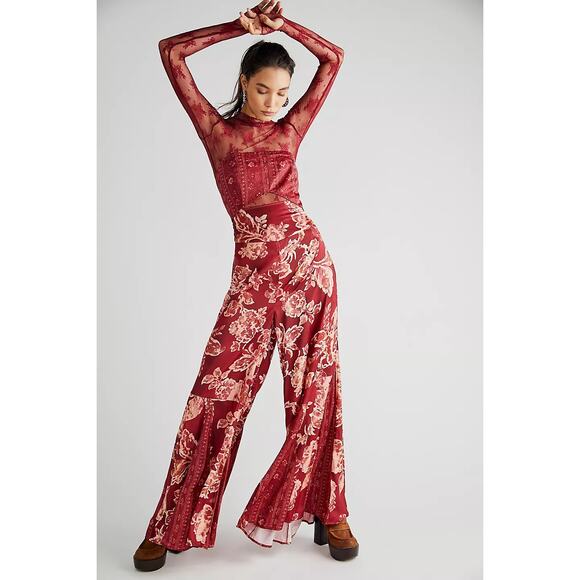 NWT Free People Silky Juliet Jumpsuit $228 SMALL Wine Floral Boho Wide Leg - Picture 4 of 5